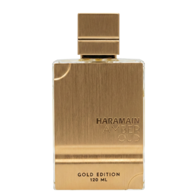 Gold perfume bottle with 'Haramain Amber Oud' text on a white background