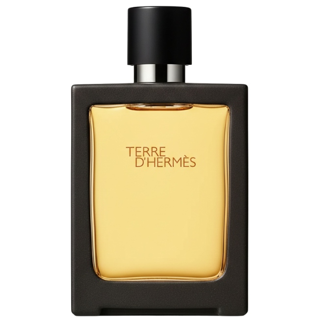 A heavy, square glass bottle of Terre d’Hermès Pure Parfum containing golden-amber liquid, framed by a thick matte dark grey border and topped with a black cylindrical twist-cap.